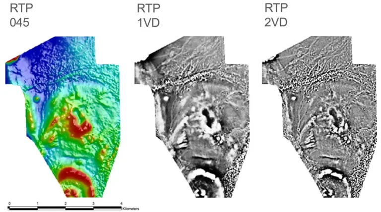 Drone TMI magnetic survey results displayed as three RTP images: RTP 045, RTP 1VD and RTP 2VD, with a 4 km scale bar.